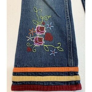 Vintage Faded Glory Jeans Girls 5 Denim Retro Blue Floral Striped Embroidered